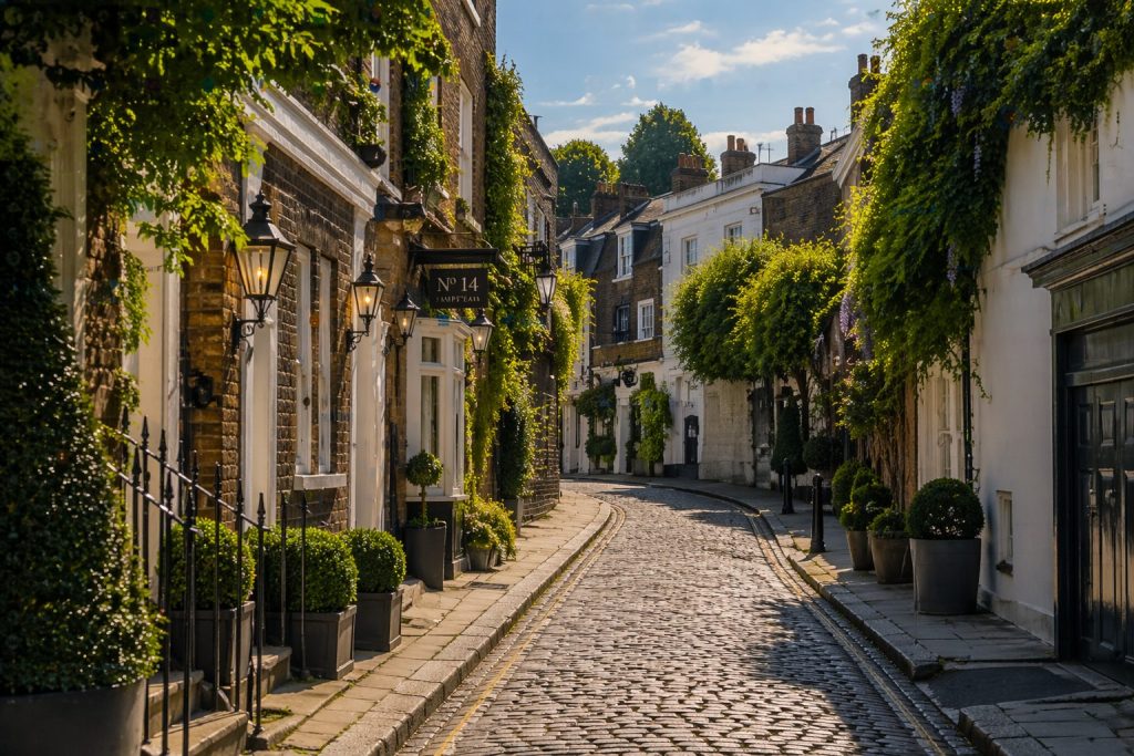 Hampstead Village street with shops and period buildings in north London
