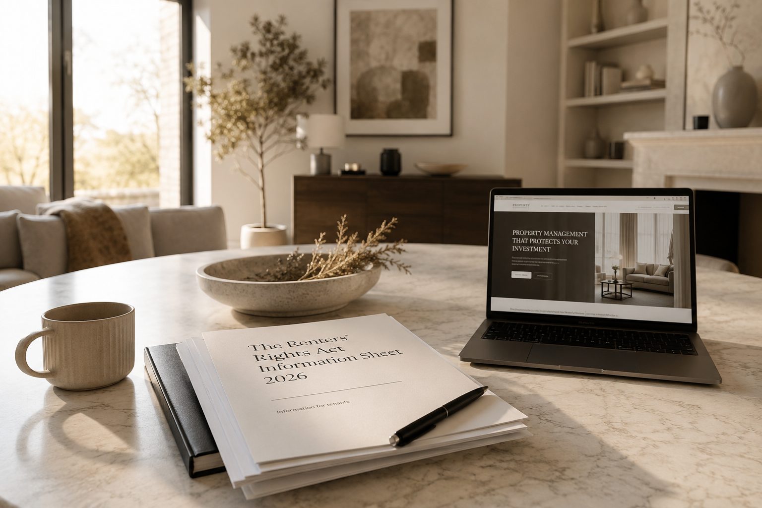 Modern landlord compliance workspace featuring the Renters’ Rights Act Information Sheet 2026 in a premium residential interior setting.