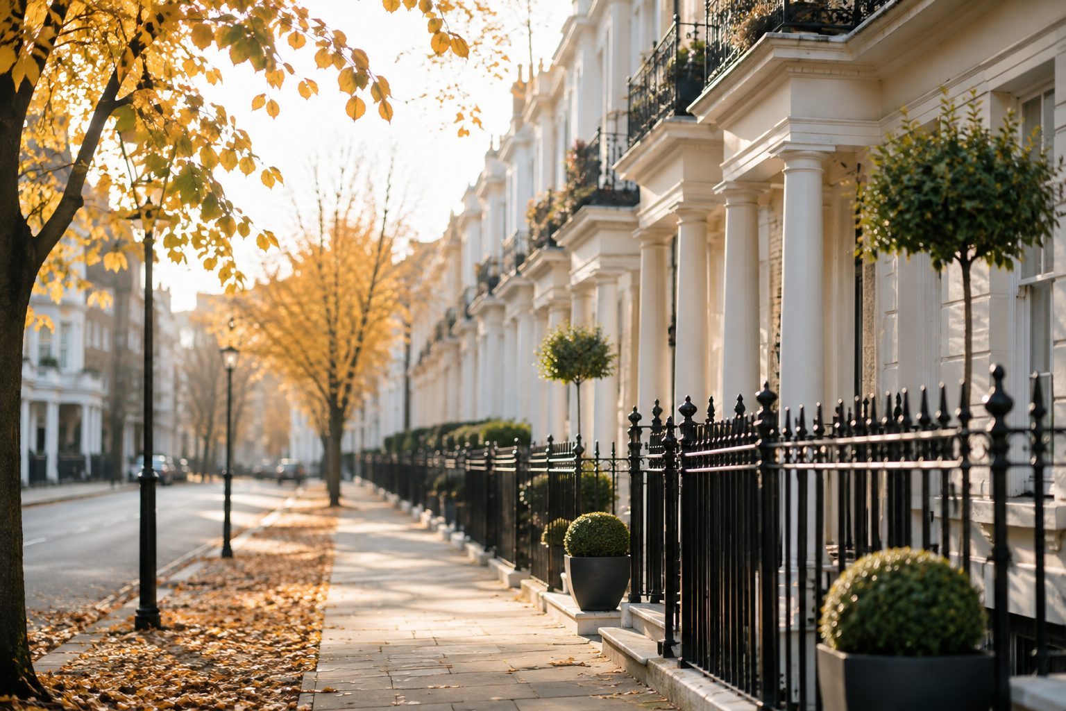 Elegant London residential street in autumn reflecting the UK property market