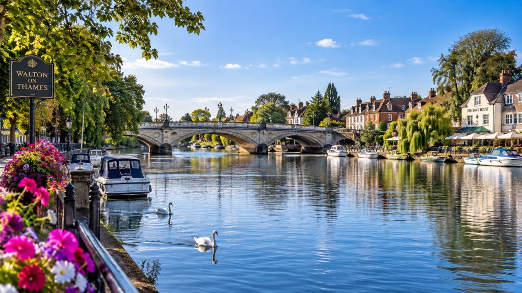 Walton-on-Thames riverside and bridge over the River Thames