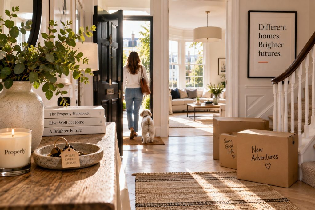 Woman and dog leaving a bright family home with moving boxes