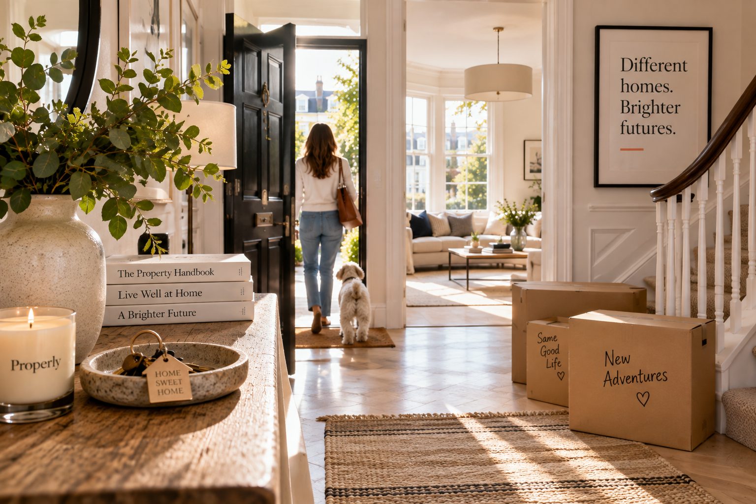 Woman and dog leaving a bright family home with moving boxes